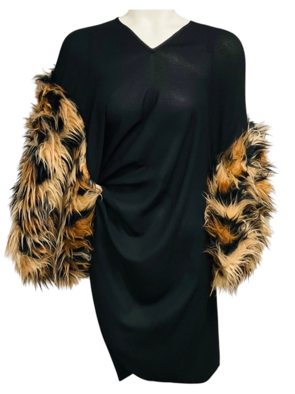 Junya Watanabe Black / Tan Faux Fur Embellished Asymmetric Crepe Dress